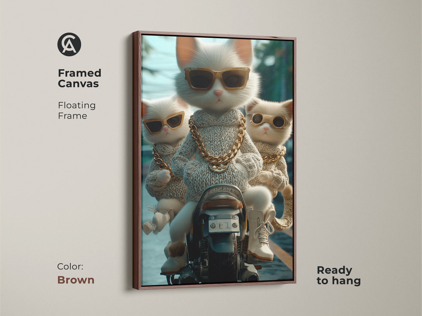 A framed canvas with a floating frame in brown. The artwork features three stylish cats on a motorcycle. The cats are wearing sunglasses and gold chains. This ready-to-hang art piece adds a fun element to your living space. Perfect for cat lovers.