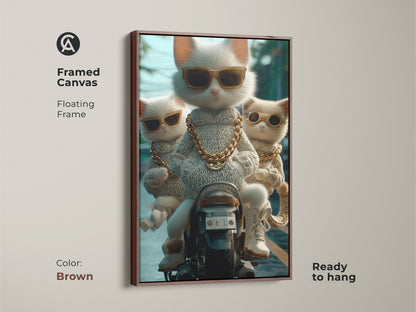 A framed canvas with a floating frame in brown. The artwork features three stylish cats on a motorcycle. The cats are wearing sunglasses and gold chains. This ready-to-hang art piece adds a fun element to your living space. Perfect for cat lovers.