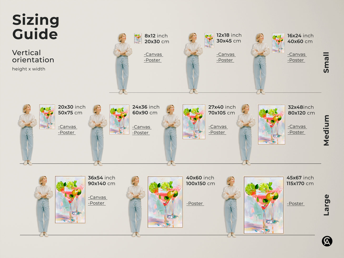 Sizing guide for vertical orientation wall art. Visualize various sizes from small to large. See how the cocktail art fits in different spaces. Choose the ideal dimensions for your canvas or poster print today.