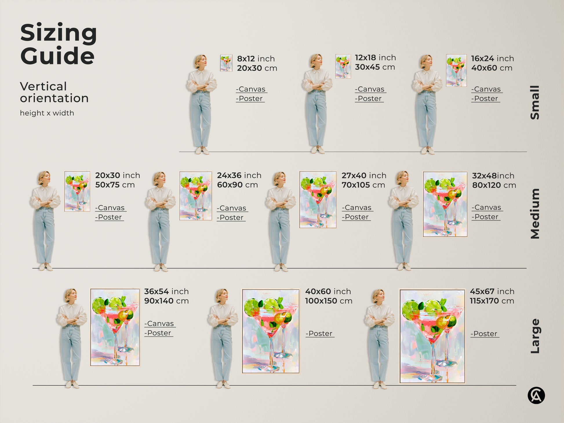 Sizing guide for vertical orientation wall art. Visualize various sizes from small to large. See how the cocktail art fits in different spaces. Choose the ideal dimensions for your canvas or poster print today.