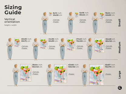 Sizing guide for vertical orientation wall art. Visualize various sizes from small to large. See how the cocktail art fits in different spaces. Choose the ideal dimensions for your canvas or poster print today.