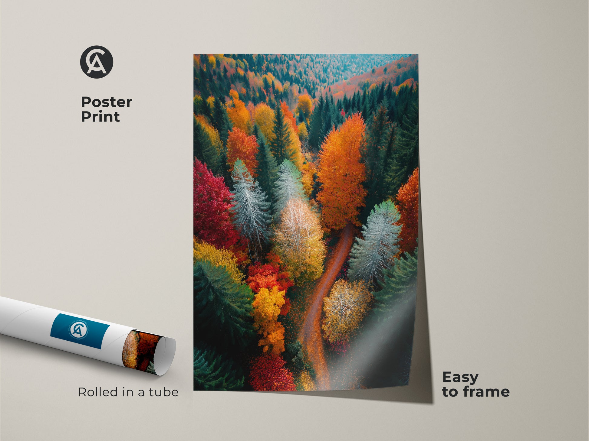 Poster print featuring a vibrant forest landscape. The artwork shows a bird's-eye view of colorful trees in the fall. Easy to frame this poster print brings the beauty of nature to any space. Rolled in a protective tube.