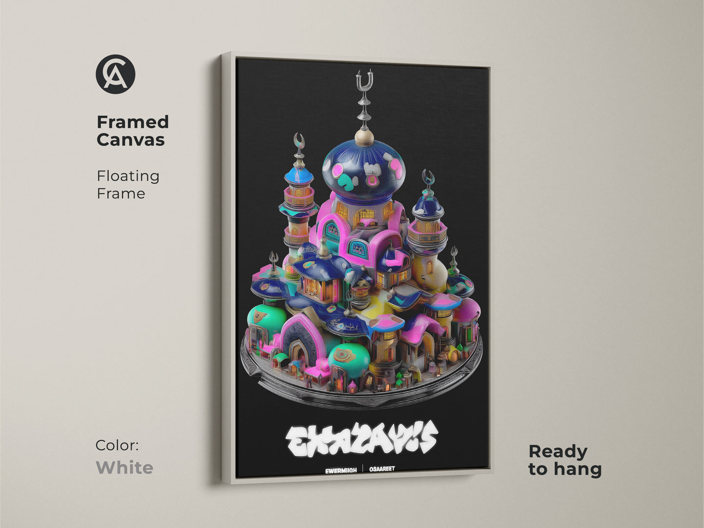 Surreal mosque fantasy town in a framed canvas. White floating frame makes the teal pink blue artwork pop. Ready to hang this colorful art adds a modern touch to any space. Its the perfect eclectic home art or housewarming gift.