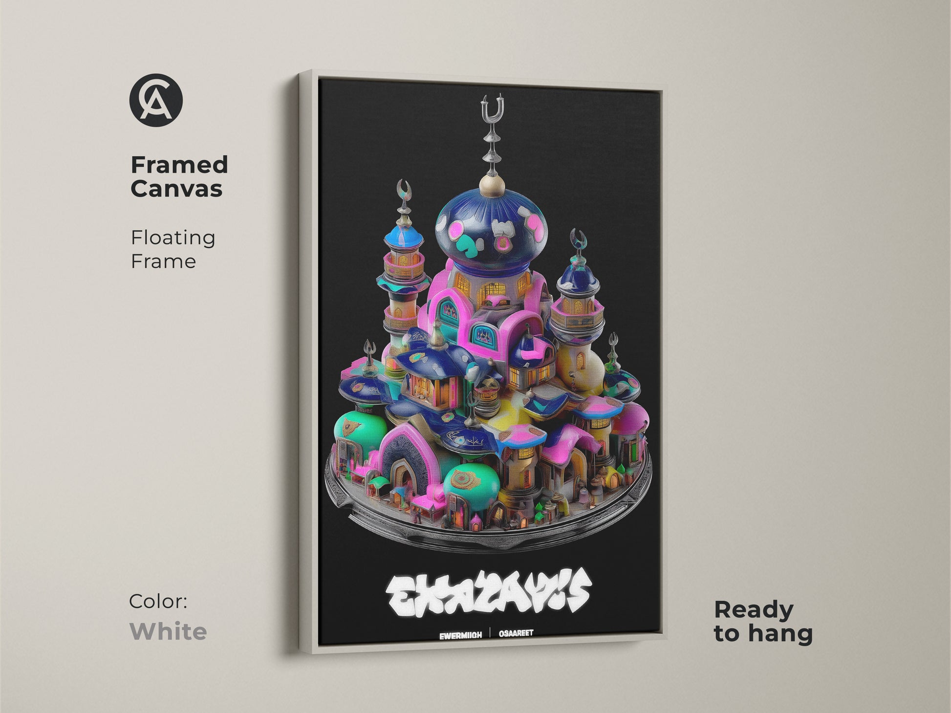 Surreal mosque fantasy town in a framed canvas. White floating frame makes the teal pink blue artwork pop. Ready to hang this colorful art adds a modern touch to any space. Its the perfect eclectic home art or housewarming gift.