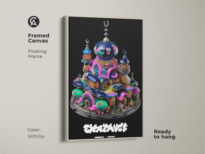 Surreal mosque fantasy town in a framed canvas. White floating frame makes the teal pink blue artwork pop. Ready to hang this colorful art adds a modern touch to any space. Its the perfect eclectic home art or housewarming gift.