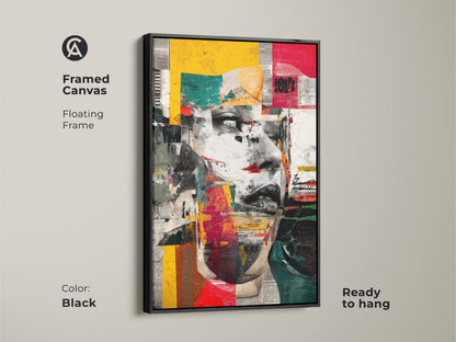 A framed canvas with a black floating frame shows an abstract woman's face. The art features red yellow teal geometric shapes. It's an eclectic collage wall decor urban portrait artwork ready to hang.