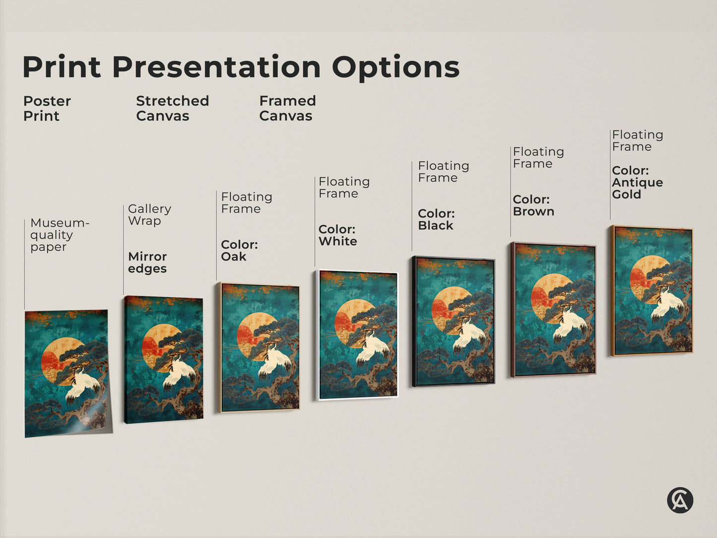 Explore presentation options for Japandi wall art including poster stretched and framed canvas. Choose your perfect teal crane print to complement your space. Various floating frame colors oak white black brown antique gold provide options to match any decor style. Enhance your home with this zen artwork.