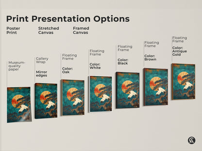 Explore presentation options for Japandi wall art including poster stretched and framed canvas. Choose your perfect teal crane print to complement your space. Various floating frame colors oak white black brown antique gold provide options to match any decor style. Enhance your home with this zen artwork.
