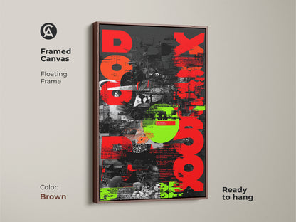 Brown Framed Canvas of Red Neon Green Abstract. This urban typography collage is ideal for industrial office decor. The floating frame adds elegance to this modern artwork. The artwork is ready to hang. This unique wall art is a great gift for graphic enthusiasts. The distressed urban art brings a creative touch to any space.