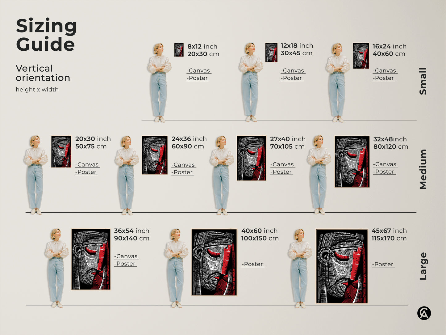 Sizing guide for vertical abstract face art prints. See how different sizes of canvas and poster prints fit in a room. Visualize 8x12 inch to 45x67 inch options. Perfect for planning your modern study or office decor with this cubist artwork.