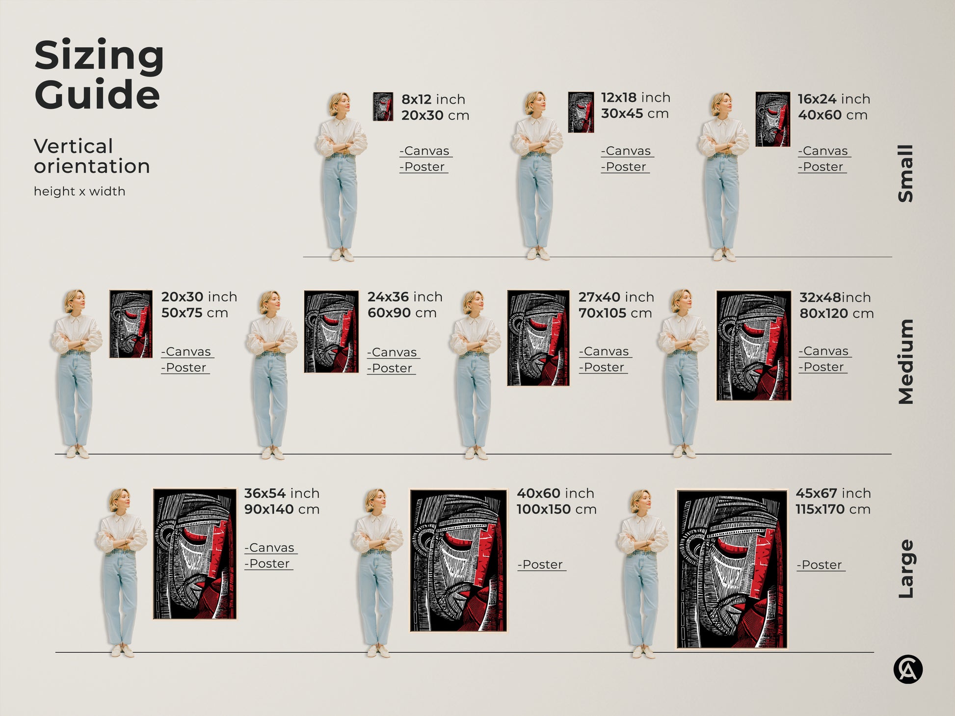 Sizing guide for vertical abstract face art prints. See how different sizes of canvas and poster prints fit in a room. Visualize 8x12 inch to 45x67 inch options. Perfect for planning your modern study or office decor with this cubist artwork.