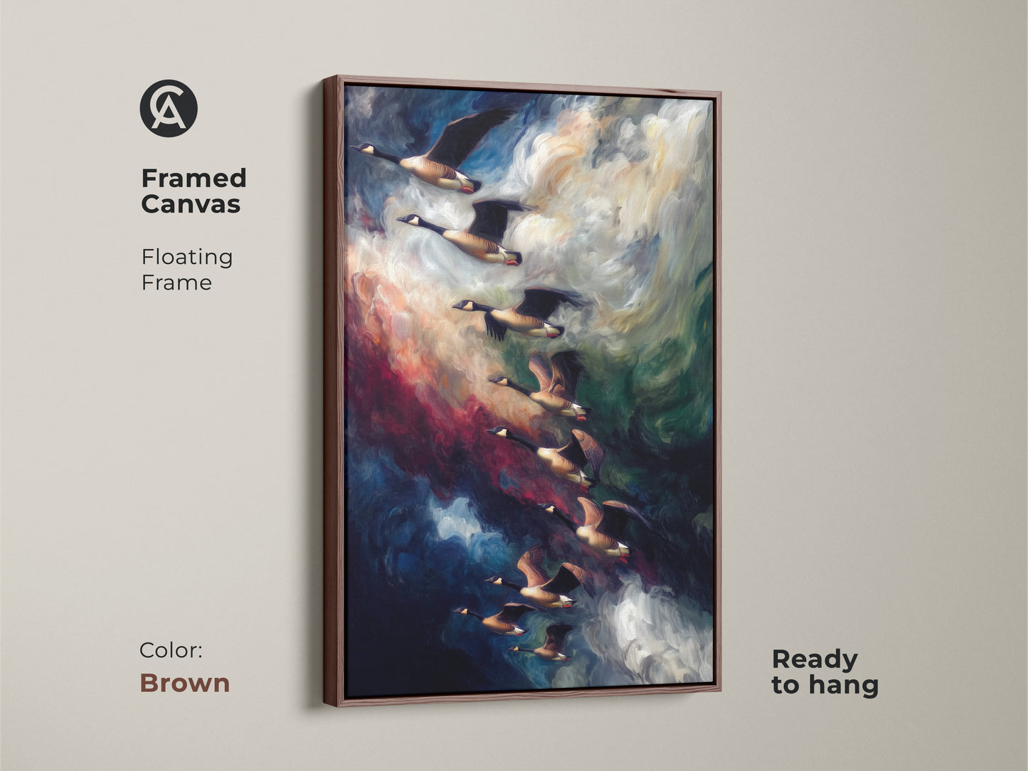 Framed canvas floating frame features geese wildlife art. A brown frame complements the indigo and dark blue sky. This contemporary art piece is a ready to hang bird watcher gift.