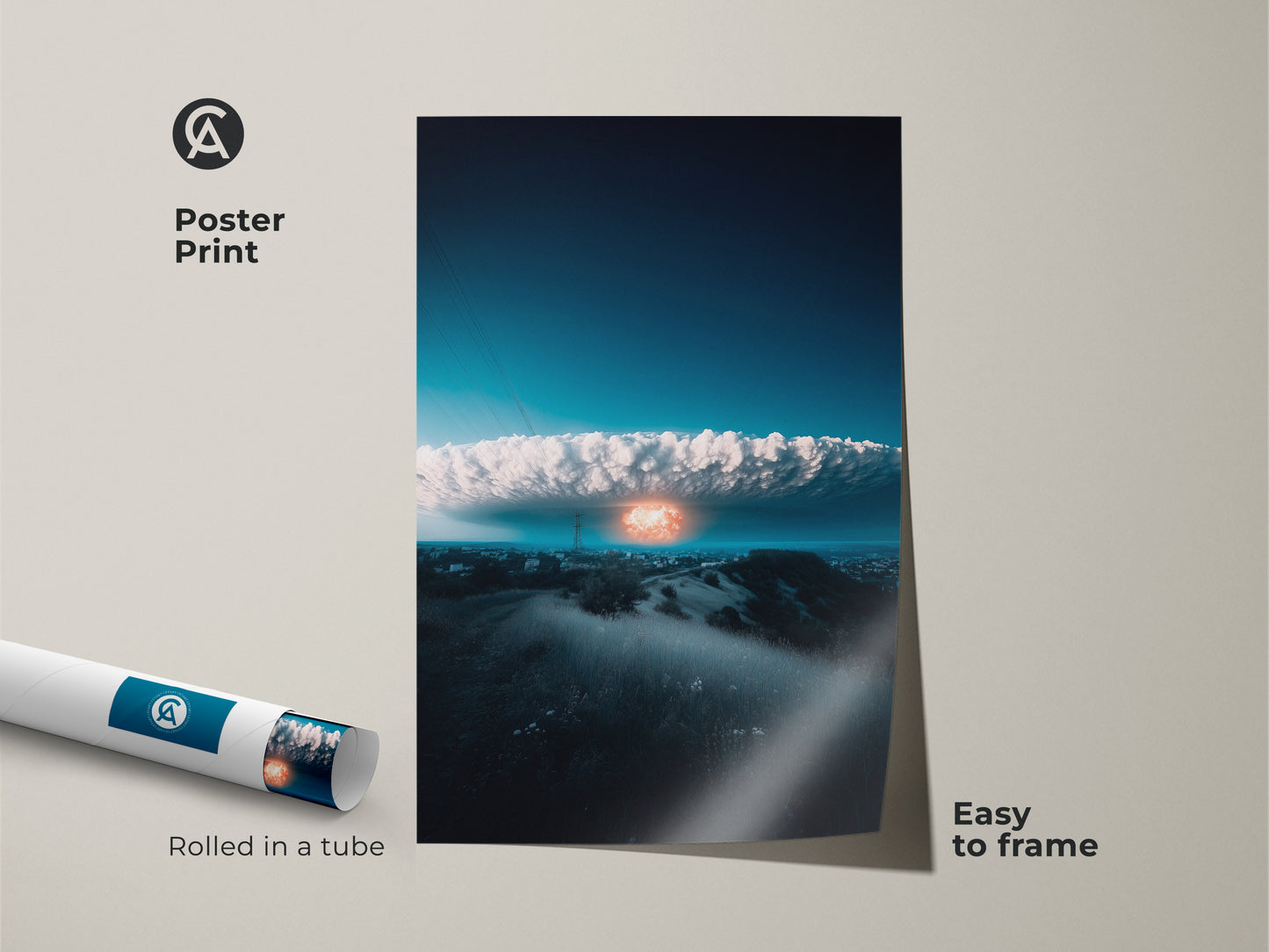 Apocalyptic cityscape art print rolled in a tube. This conceptual art is easy to frame and features a surreal nuclear explosion. The deep blue and orange artwork is perfect as modern wall decor. It can bring a unique disaster-themed touch to any space.