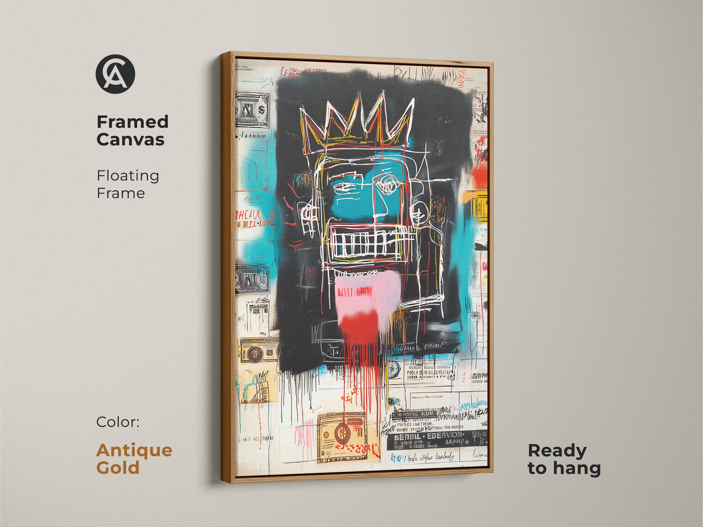 This is a framed canvas print of a Basquiat-inspired artwork. The floating frame is antique gold. The artwork features a crowned figure and graffiti. The canvas comes ready to hang to elevate your decor