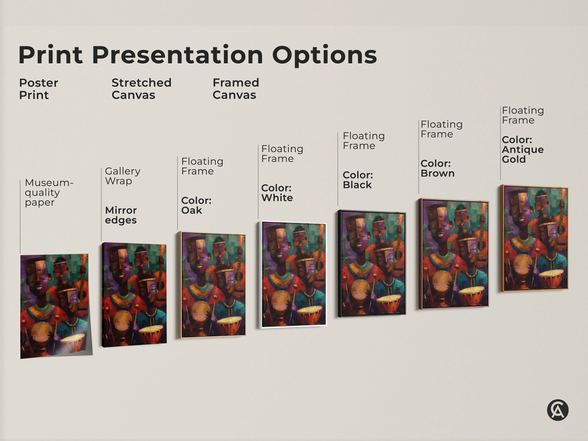 Explore print presentation options with this tribal musicians canvas art. Choose from poster stretched and framed canvas prints. Each option features abstract expressionism in deep purple orange and teal. Find the perfect eclectic home decor to add a vibrant artistic touch to your space. Discover art for music rooms and cultural celebrations.