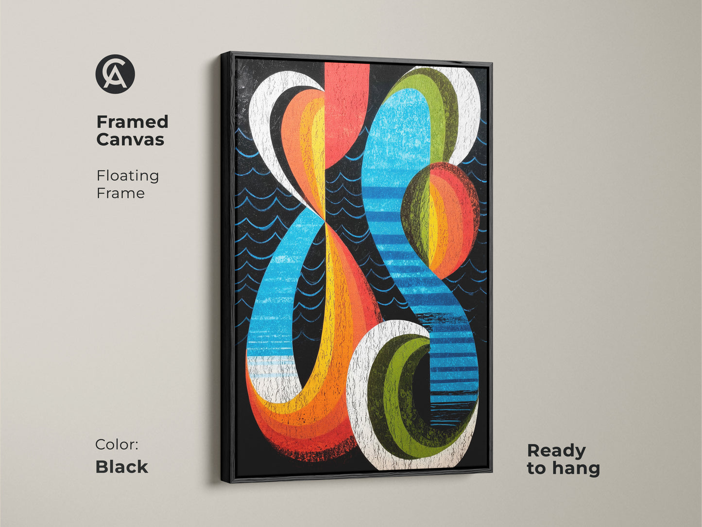 Framed canvas featuring floating frame in black. A geometric abstract canvas print in mid-century modern style. The retro artwork displays orange blue and red hues. Ready to hang makes it easy to enhance your office decor or home with this vibrant abstract painting.