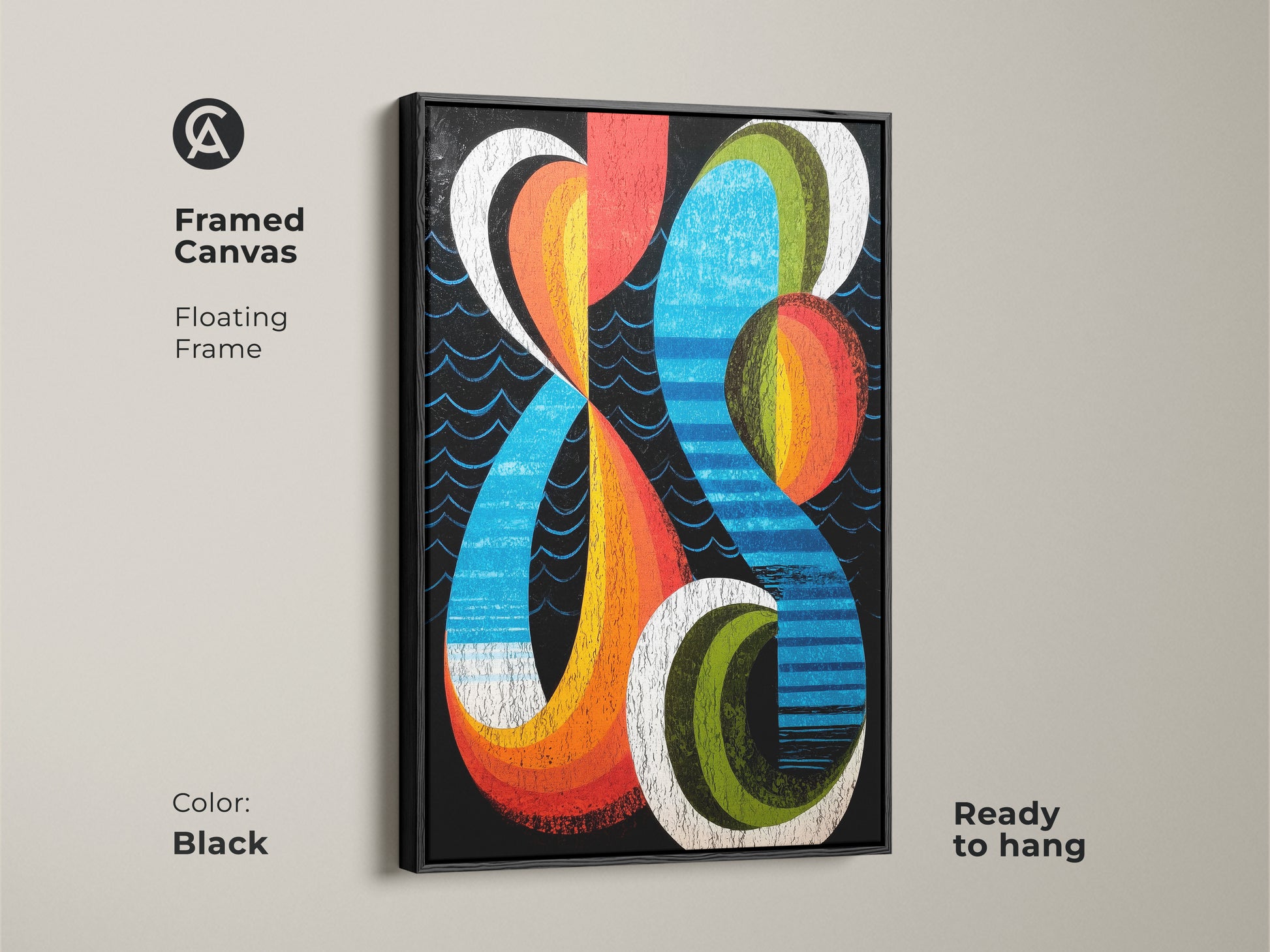Framed canvas featuring floating frame in black. A geometric abstract canvas print in mid-century modern style. The retro artwork displays orange blue and red hues. Ready to hang makes it easy to enhance your office decor or home with this vibrant abstract painting.