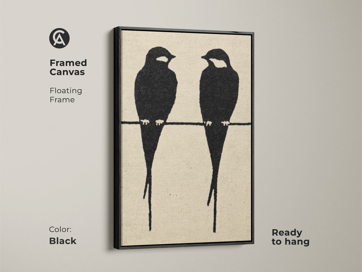 Framed canvas showcasing minimalist black bird artwork. Two bird silhouettes are perched on a wire in this modern abstract piece. The floating frame enhances this black cream art print. The Scandinavian-style art adds a touch of elegance. This art is ready to hang in any modern space.