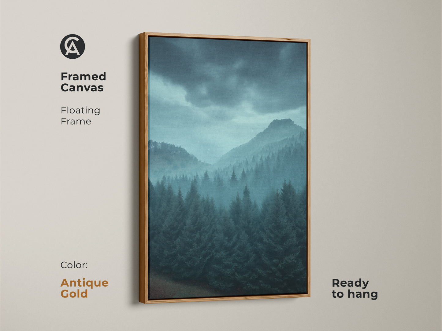 Antique gold framed canvas displays misty blue mountain art. A pine forest landscape artwork complements rustic decor. The floating frame enhances this nature themed print. Ready to hang artwork.