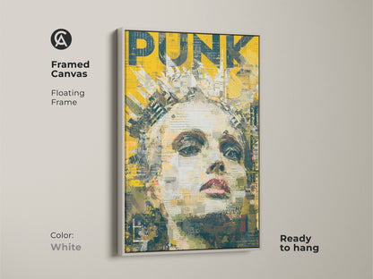 This framed artwork features a woman with a crown. The art style has a Punk aesthetic. The artwork includes the word PUNK in bold yellow text. The frame color is white. This canvas is ready to hang.