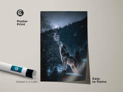 Poster print of a wolf howling in a blue gray forest setting. This rustic forest wall art arrives rolled in a tube. It is easy to frame. The winter moon scene canvas brings nature's beauty to your home. Perfect for those who love wildlife artwork.