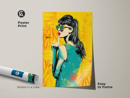 A poster print of a pop art woman. It is rolled in a tube for easy framing. This vintage woman print features retro sunglasses. The yellow orange and teal canvas art adds a colorful touch. The artwork is a perfect birthday gift for her.