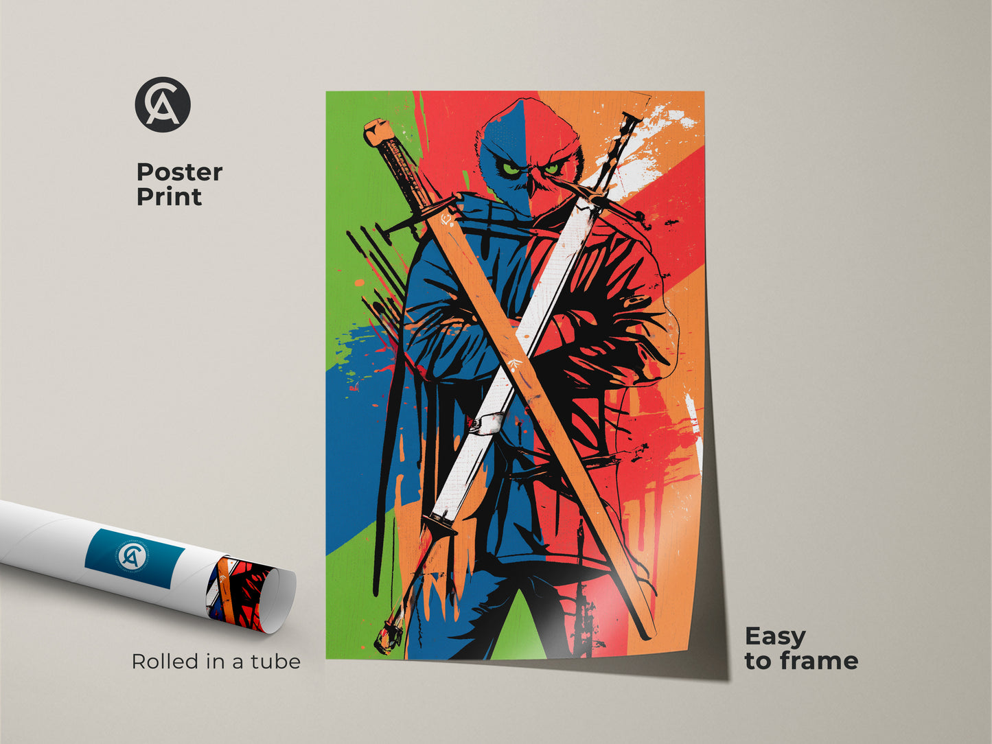 Rolled Poster Print of a Ninja Owl. Easy to frame it is a fantastic gift for fantasy fans. The vibrant colors make a statement bringing a pop of anime-inspired graphic owl art to any space.