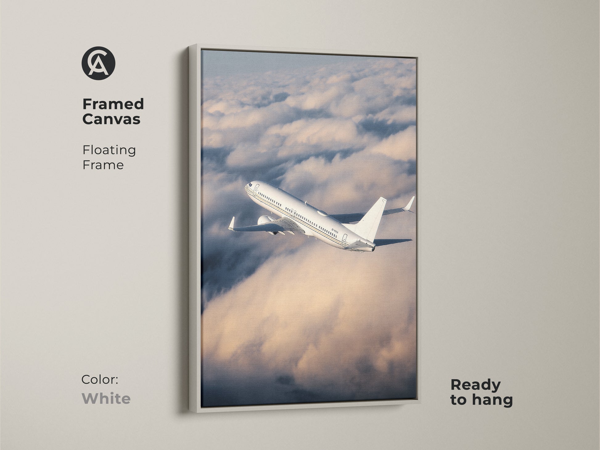 Framed aviation photography on canvas features a floating white frame. This modern airplane artwork captures a plane in the clouds. Ready to hang this art enhances an office. It's a thoughtful travel enthusiast gift idea. The white plane canvas art is a simple decor piece.