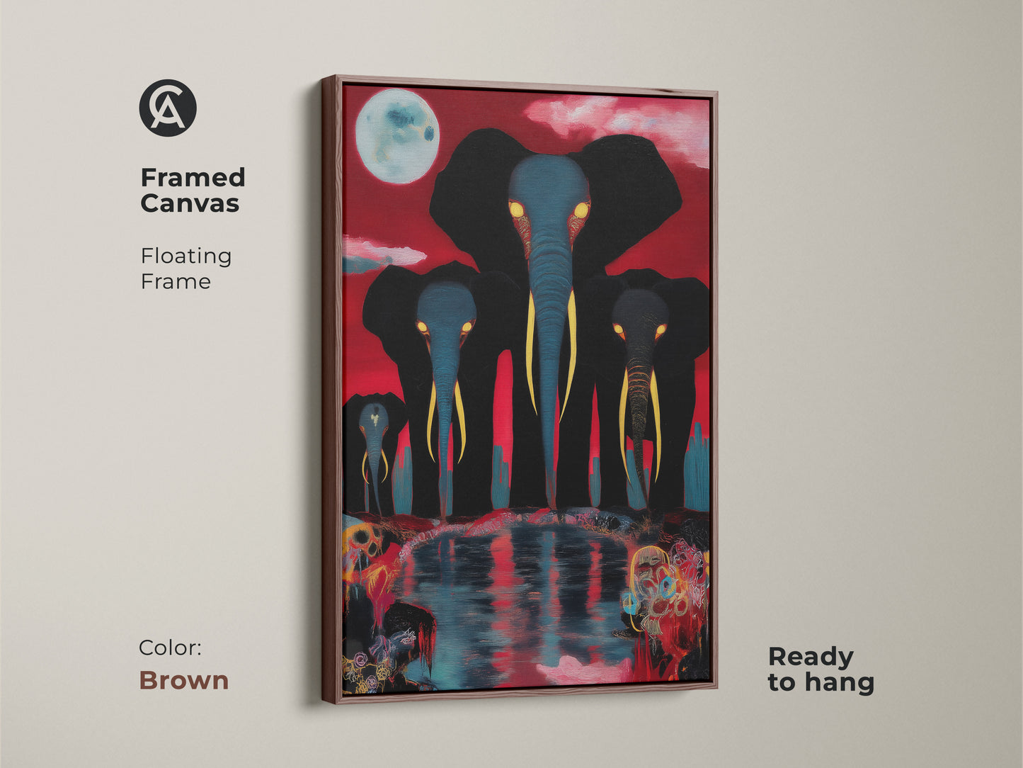 A framed canvas in a brown floating frame presents a surreal elephant family under a moon. The red and blue art adds a vibrant touch. Ideal for creating an eclectic animal-themed space.