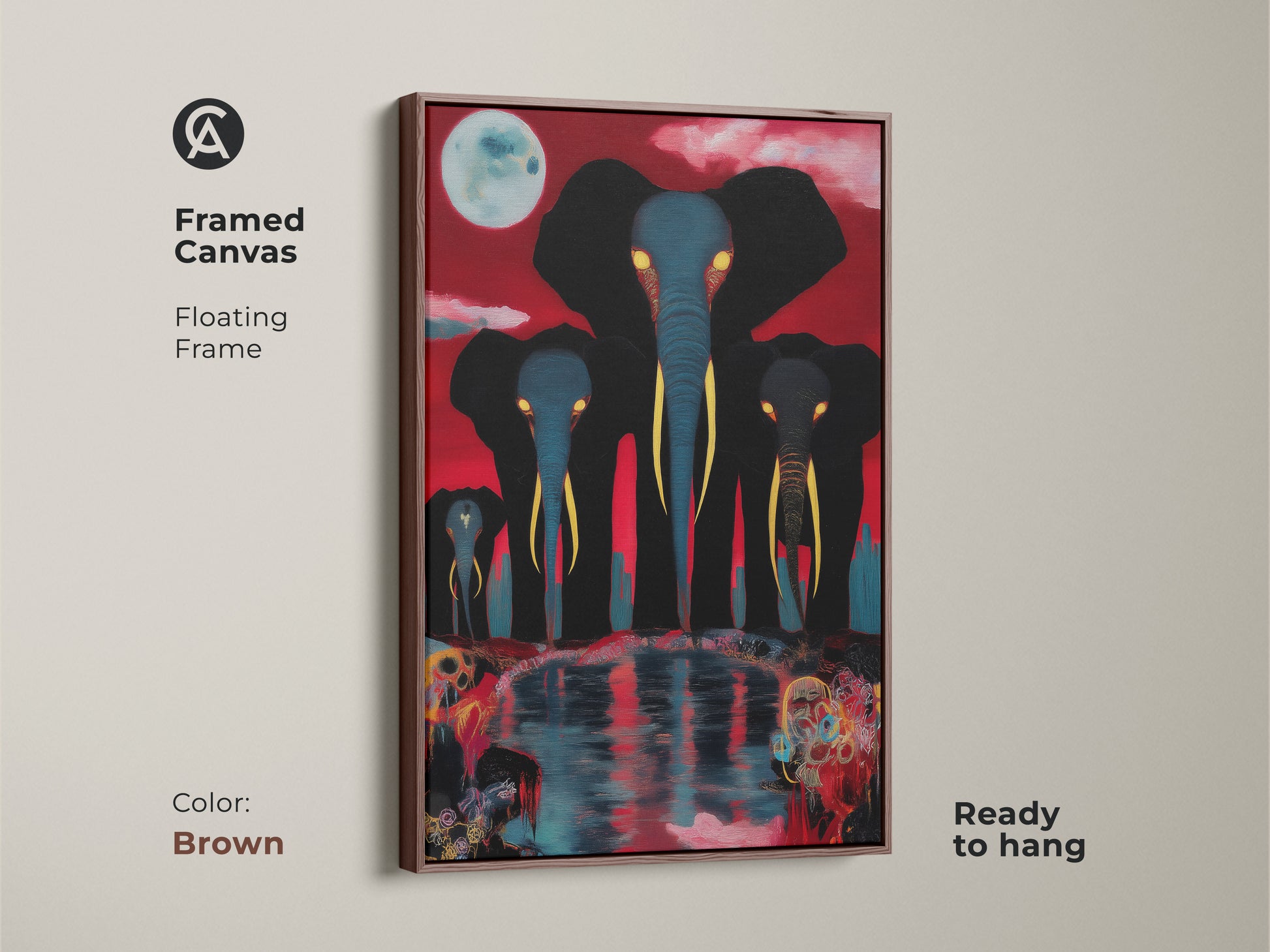 A framed canvas in a brown floating frame presents a surreal elephant family under a moon. The red and blue art adds a vibrant touch. Ideal for creating an eclectic animal-themed space.