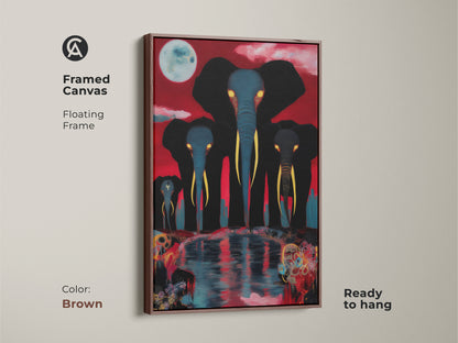 A framed canvas in a brown floating frame presents a surreal elephant family under a moon. The red and blue art adds a vibrant touch. Ideal for creating an eclectic animal-themed space.