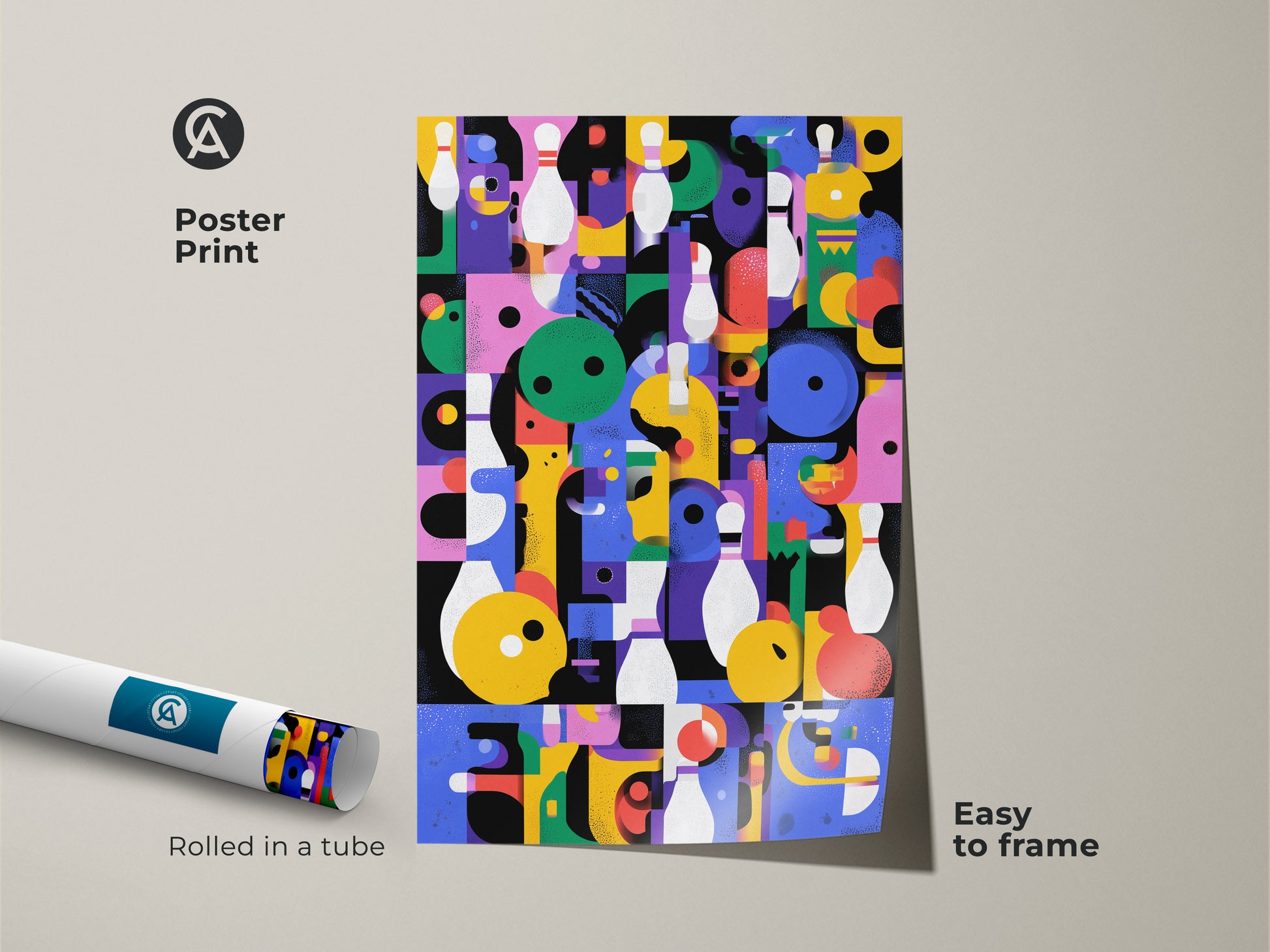 Poster Print of Geometric Abstract Wall Art. Retro bowling theme with a mid-century modern aesthetic. This colorful eclectic decor is easy to frame. Rolled in a tube for protection. Enhance your game room with this artwork.