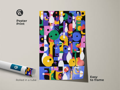 Poster Print of Geometric Abstract Wall Art. Retro bowling theme with a mid-century modern aesthetic. This colorful eclectic decor is easy to frame. Rolled in a tube for protection. Enhance your game room with this artwork.