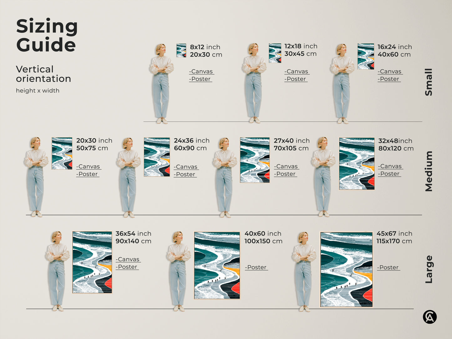 Sizing Guide for Abstract Snowboarder Canvas Prints. Sizes range from 8x12 inches to 45x67 inches. Vertical orientation available in canvas and poster. Perfect for small medium and large spaces. Modern teal and white minimalist art to complement any room. Find the ideal size for your winter sports gift.