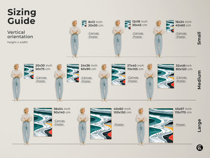 Sizing Guide for Abstract Snowboarder Canvas Prints. Sizes range from 8x12 inches to 45x67 inches. Vertical orientation available in canvas and poster. Perfect for small medium and large spaces. Modern teal and white minimalist art to complement any room. Find the ideal size for your winter sports gift.