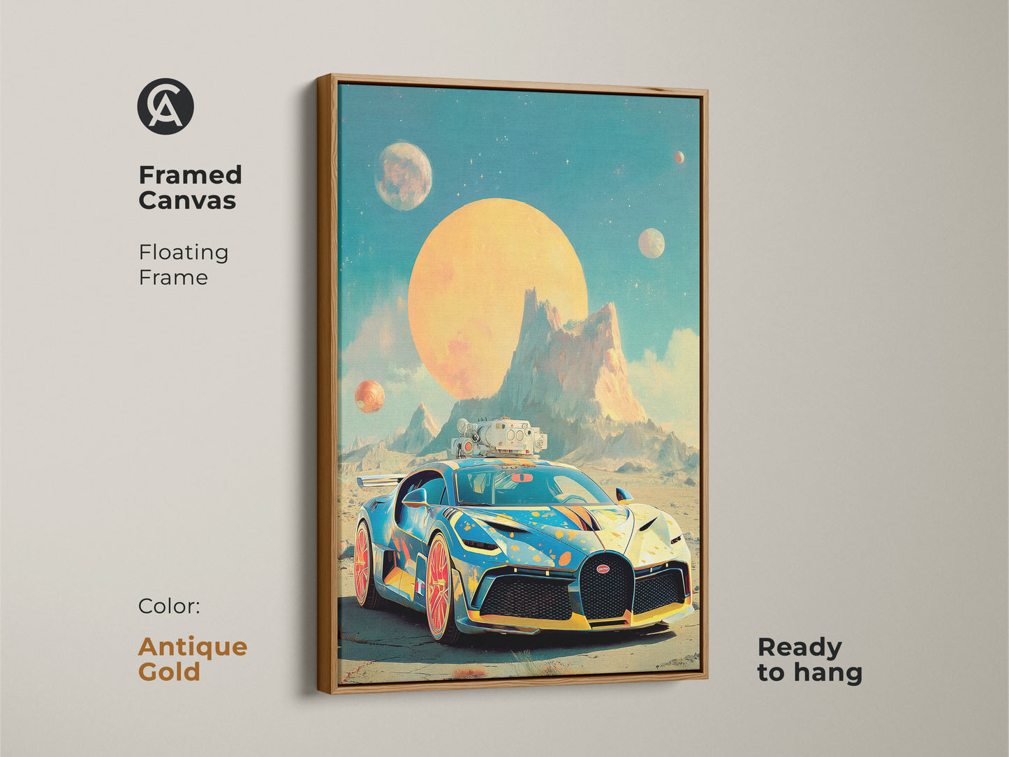 Framed Cyberpunk sports car art print with an antique gold floating frame. The retro futurism car canvas displays a sci-fi vehicle on an alien planet. The artwork features a teal orange palette so display as office wall art. It is ready to hang. A unique art gift.