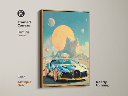 Framed Cyberpunk sports car art print with an antique gold floating frame. The retro futurism car canvas displays a sci-fi vehicle on an alien planet. The artwork features a teal orange palette so display as office wall art. It is ready to hang. A unique art gift.