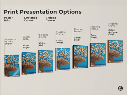 Explore print presentation options with this surreal botanical tree art. The artwork showcases white flowers against an aqua blue background. Choose from poster stretched or framed canvas. Elevate your decor with nature-inspired eclectic art.