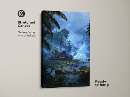 Stretched canvas print of a tropical village art. This gallery-wrapped piece showcases mirror edges. The boho landscape wall art is ready to hang. The river hut digital painting evokes a peaceful travel scene. Perfect for adding a touch of exotic nature to your living space.
