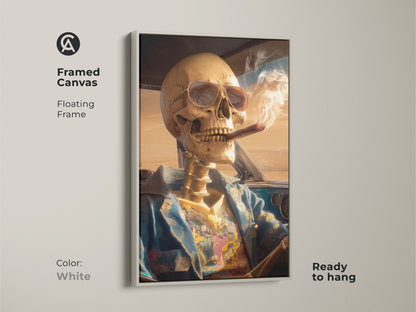 This framed canvas displays a skeleton driving a car. The frame is a floating frame and the color is white. The skeleton is wearing sunglasses and smoking a cigar. Ready to hang this artwork is a trendy addition. It is a stylish piece of art.