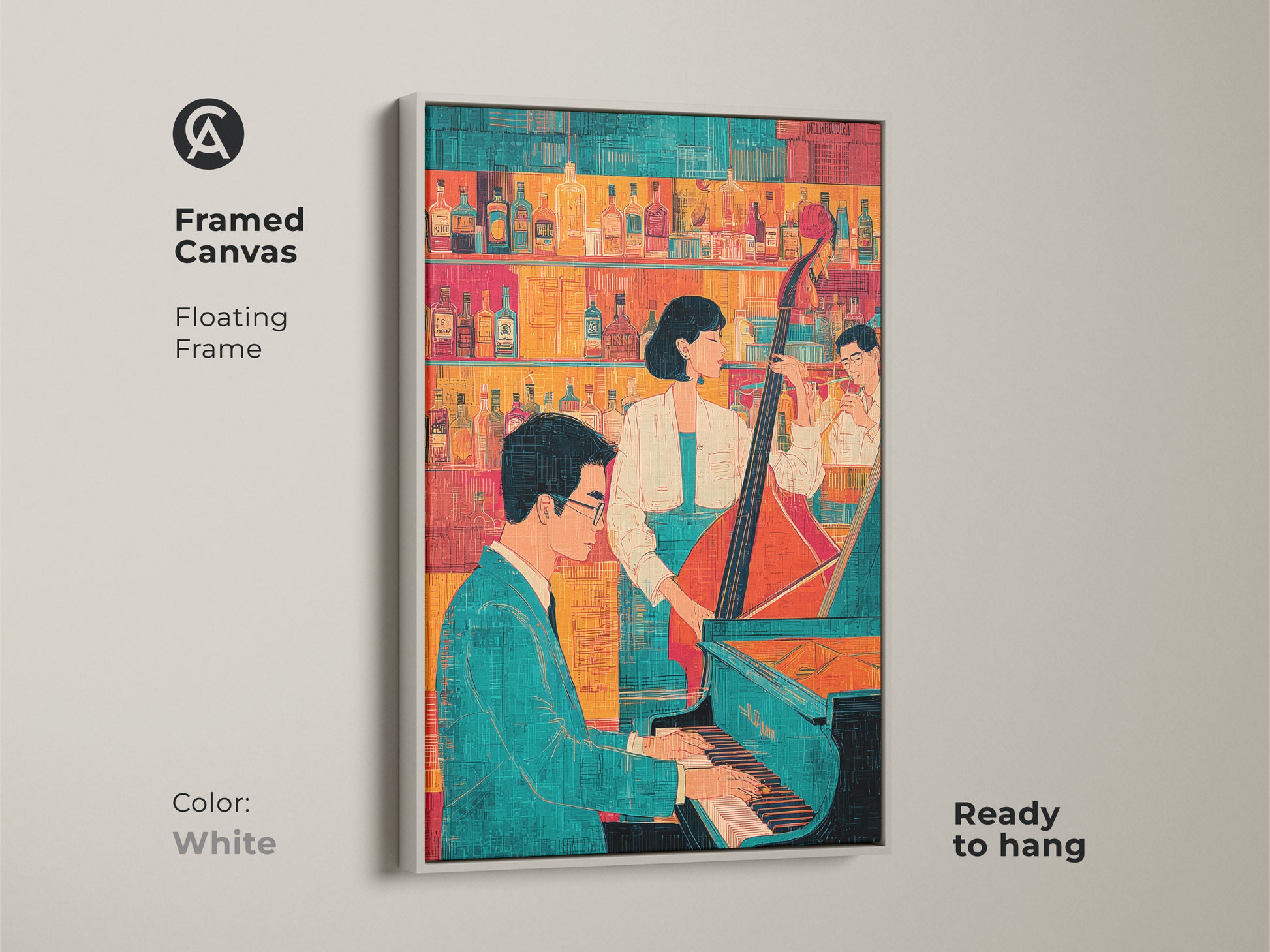 Framed canvas with a floating frame in white displaying a jazz band. Ready to hang this people playing music art creates a lively atmosphere. Perfect for jazz lover birthday gift and home bar artwork.