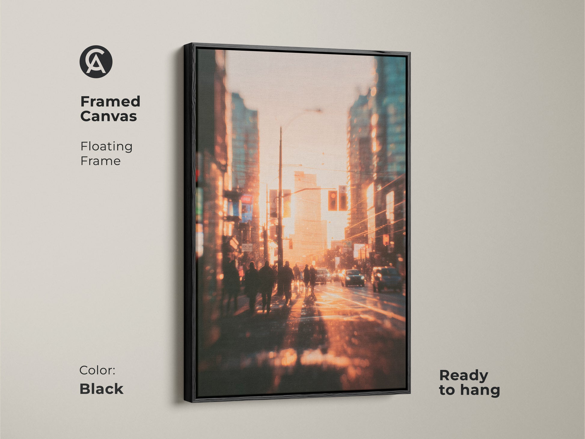 Framed canvas art featuring a captivating sunset street scene. The floating black frame adds a touch of sophistication. Blurred figures and cars create a dynamic urban atmosphere. Ready to hang this artwork to enhance your living room or office decor.
