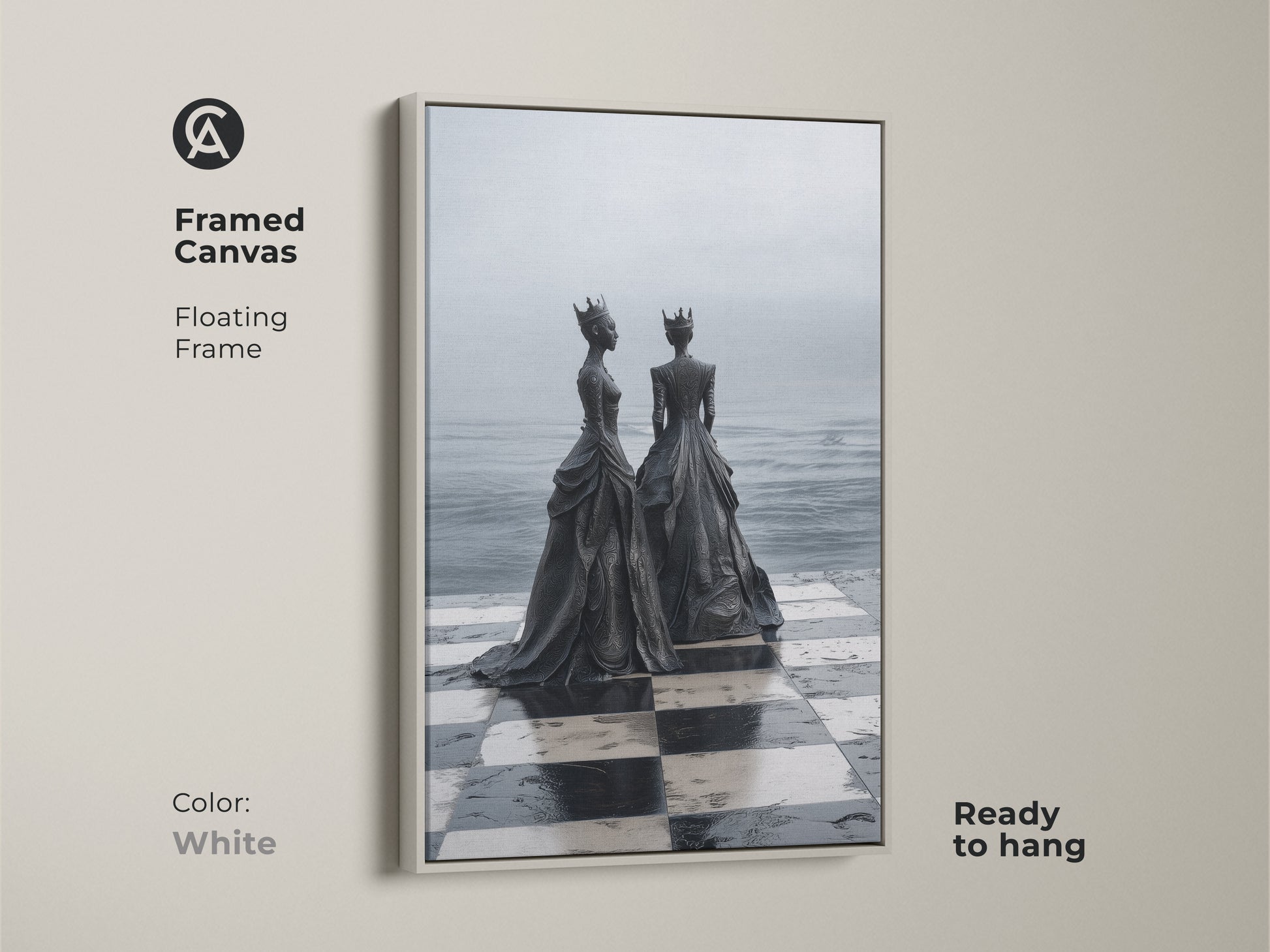 Framed Canvas Print of a surreal monochrome chess queen artwork with a white floating frame. This black and white chess art is conceptual home art for game room or elegant bedroom.