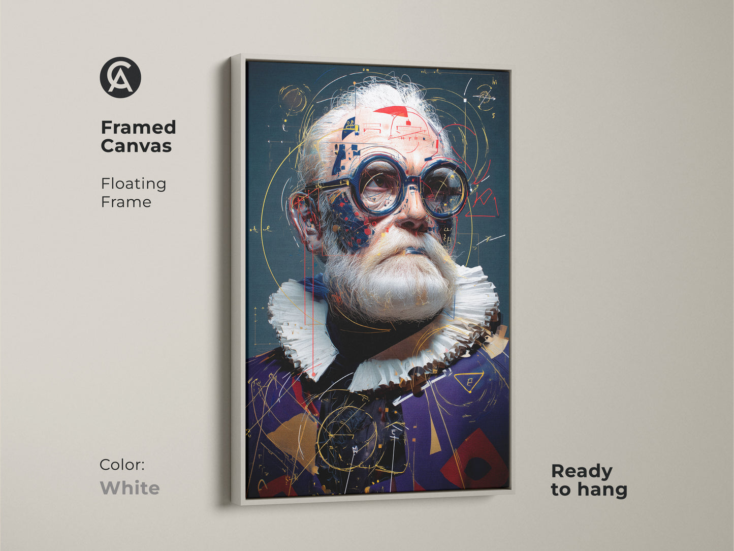 Steampunk scientist artwork framed in white creates a clean modern look. This abstract face print is ideal for dark academia wall decor. Enhance your space with this unique expressionism canvas.
