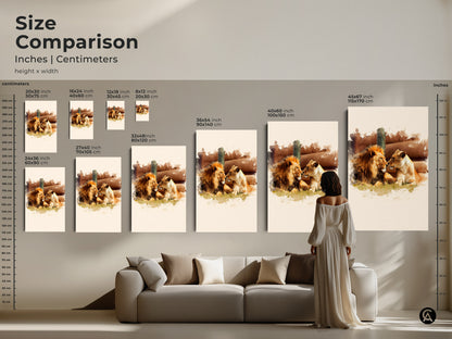 Size comparison of watercolor lion and lioness art in various dimensions. From 8x12 to 45x67 inches find the perfect size for your space. This wildlife animal canvas art in gold brown tones complements any home decor.