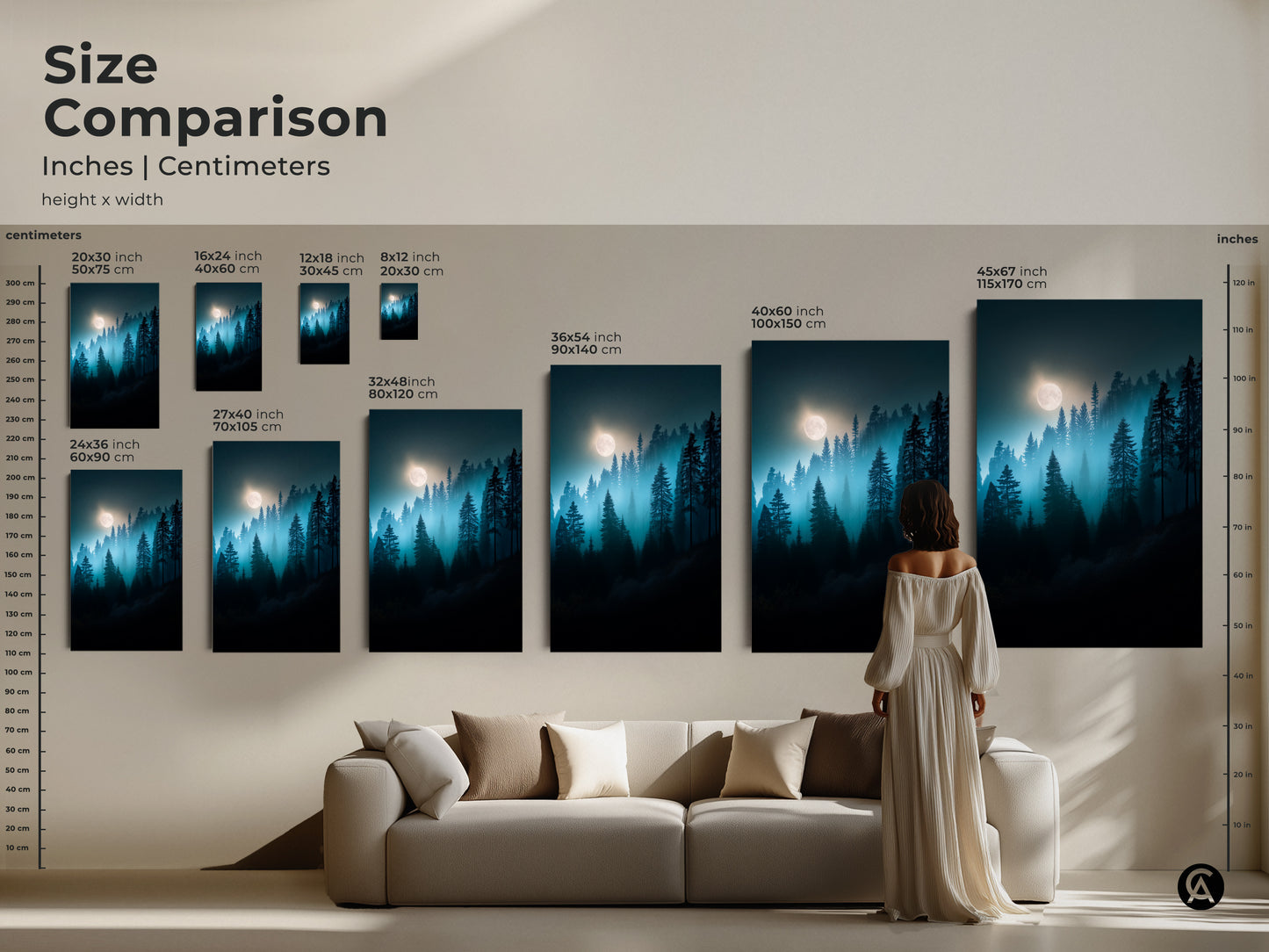 Size comparison of moonlit forest art in inches and centimeters. See how this deep blue and teal pine tree artwork fits above a sofa. Canvas and poster prints available to enhance your home.