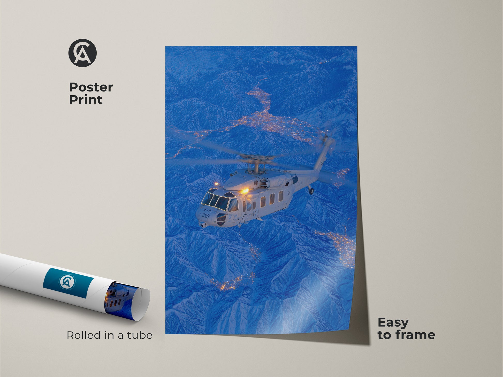 This poster print features a helicopter flying over a mountainous landscape. The vibrant colors and sharp details make it a striking piece of aviation art. It ships rolled in a tube and is easy to frame for a custom look.