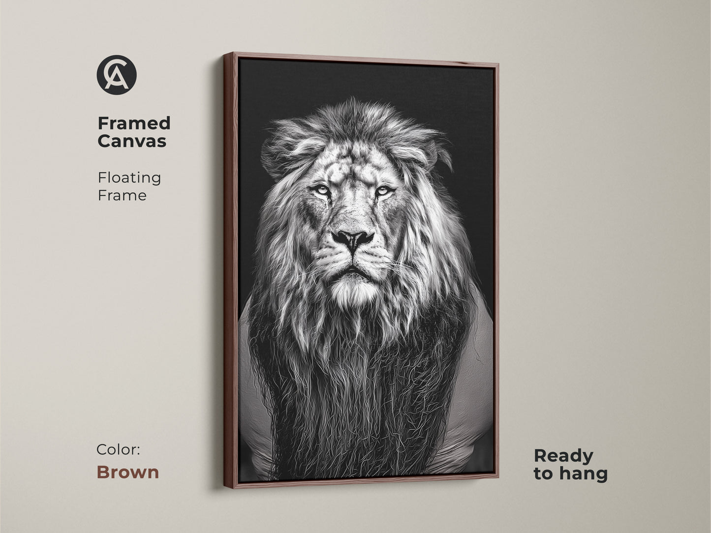 A framed canvas with a floating frame showcases a photorealistic lion. A brown framed monochrome wildlife art is ready to hang. The animal face wall decor is perfect for modern interiors. Its a thoughtful gift for any animal lover. This powerful beast art brings a touch of the animal kingdom to your space.