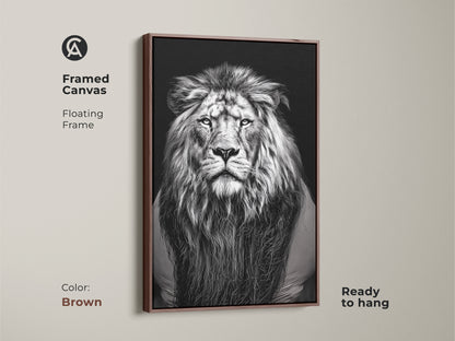 A framed canvas with a floating frame showcases a photorealistic lion. A brown framed monochrome wildlife art is ready to hang. The animal face wall decor is perfect for modern interiors. Its a thoughtful gift for any animal lover. This powerful beast art brings a touch of the animal kingdom to your space.