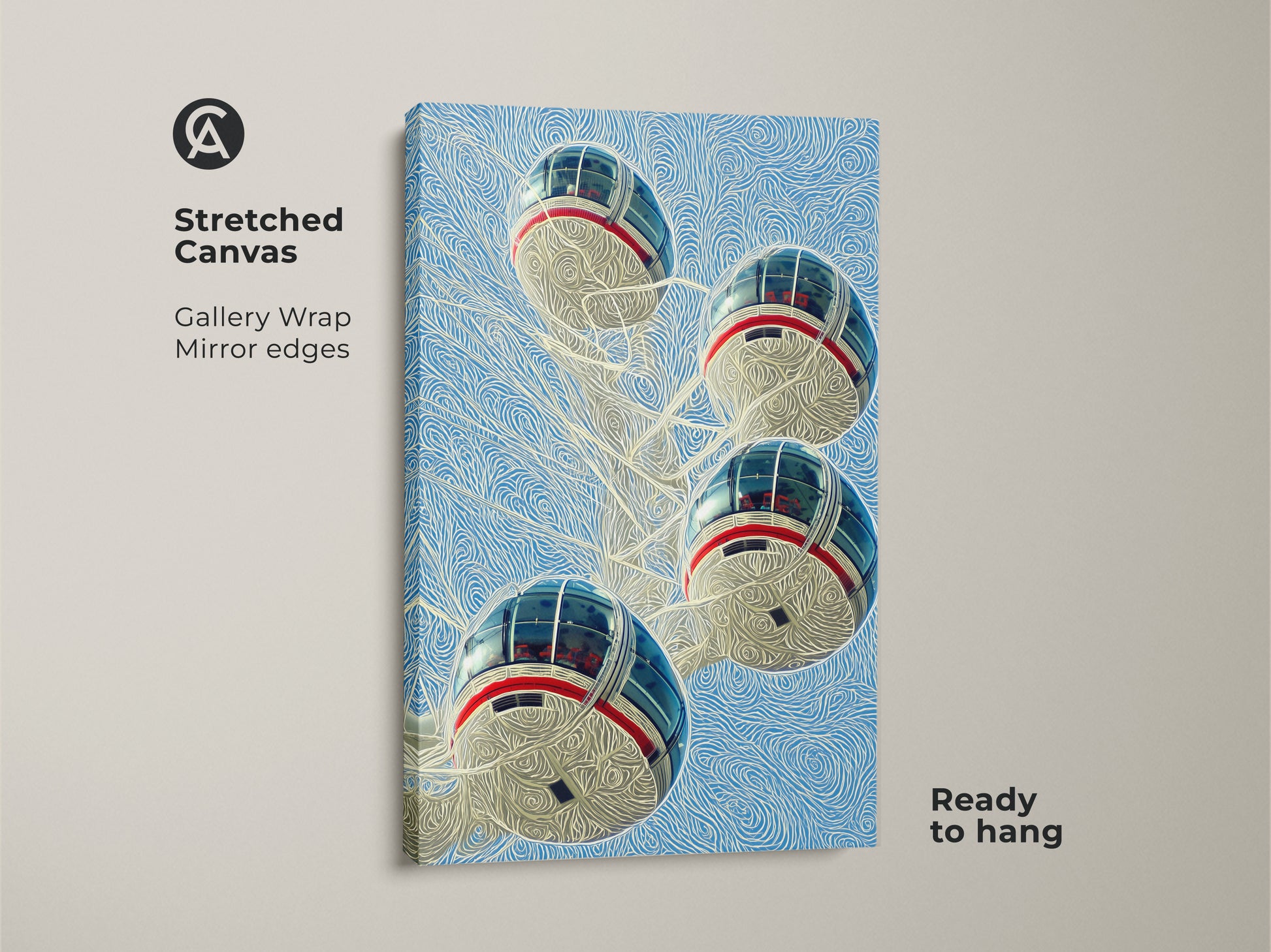 Discover our London Eye Ferris wheel wall art displayed on a stretched canvas. The gallery wrap and mirror edges add a seamless modern look. This cityscape art print is ready to hang and perfect as travel themed decor in any living space.